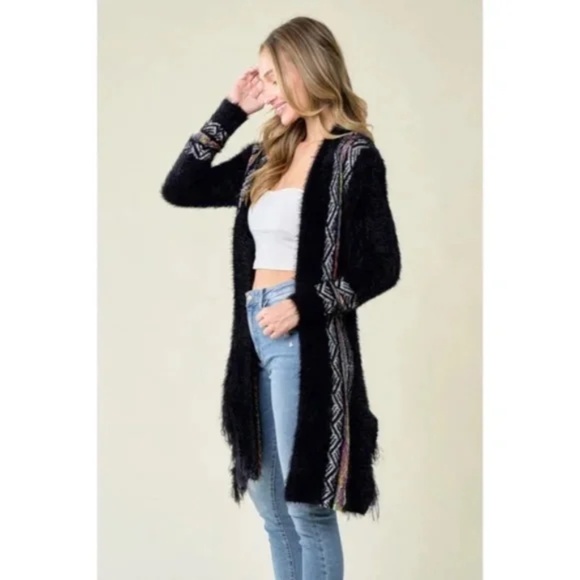 Black Fuzzy Eyelash Fringe Rainbow South West Aztec Pattern Open Knit Cardigan - Picture 4 of 5